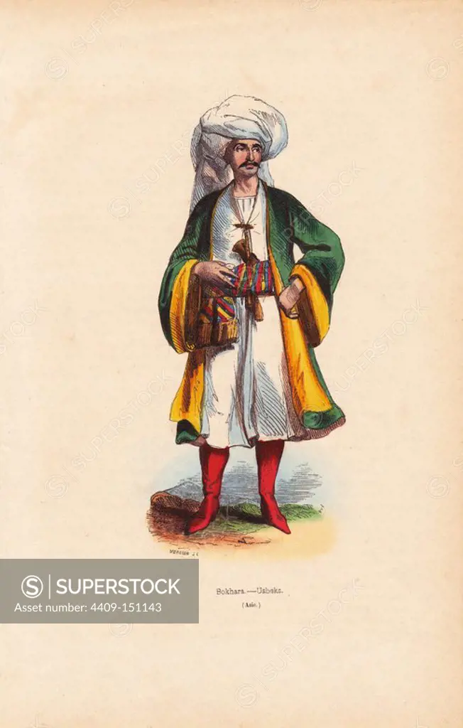 Man from Bukhara, Uzbekistan, in turban, cloak, tunic, sash belt and red boots. Handcoloured woodcut by Mercier after an illustration by H. Hendrickx from Auguste Wahlen's "Moeurs, Usages et Costumes de tous les Peuples du Monde," Librairie Historique-Artistique, Brussels, 1845. Wahlen was the pseudonym of Jean-Francois-Nicolas Loumyer (1801-1875), a writer and archivist with the Heraldic Department of Belgium.