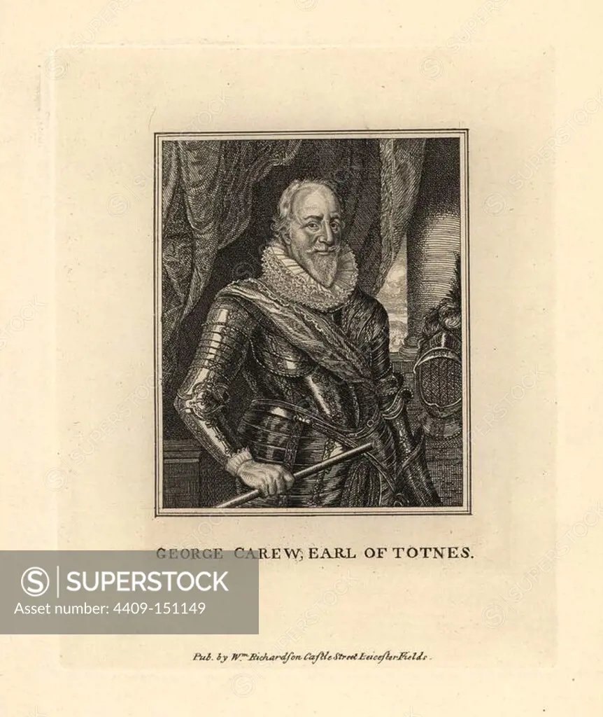 George Carew, Earl of Totnes, died 1629 aged 73. From a scarce print by R. V. Voerst prefixed to his "Pacata Hibernia" 1633. Copperplate engraving from Richardson's "Portraits illustrating Granger's Biographical History of England," London, 17921812. Published by William Richardson, printseller, London. James Granger (17231776) was an English clergyman, biographer, and print collector.