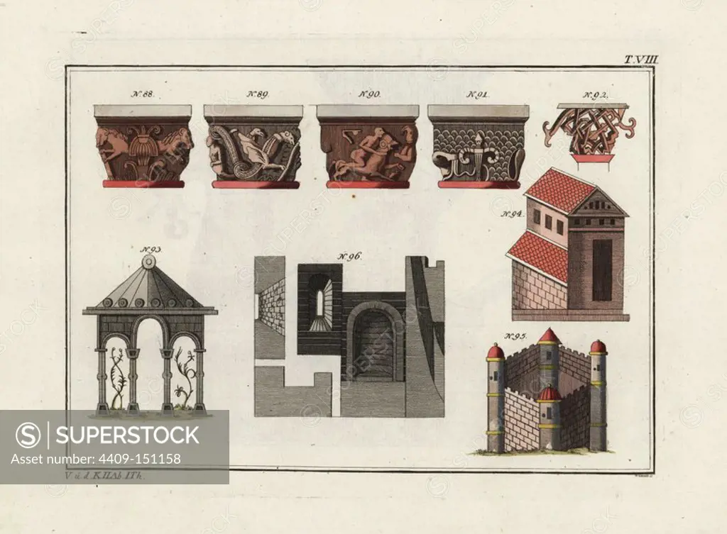 Anglo Saxon capitals 88-92, gate with arches 93, house 94, castle 95, and castle details 96. Handcoloured copperplate engraving by Paul Weindl from Robert von Spalart's "Historical Picture of the Costumes of the Principal People of Antiquity and of the Middle Ages," Chez Collignon, Metz, 1810.