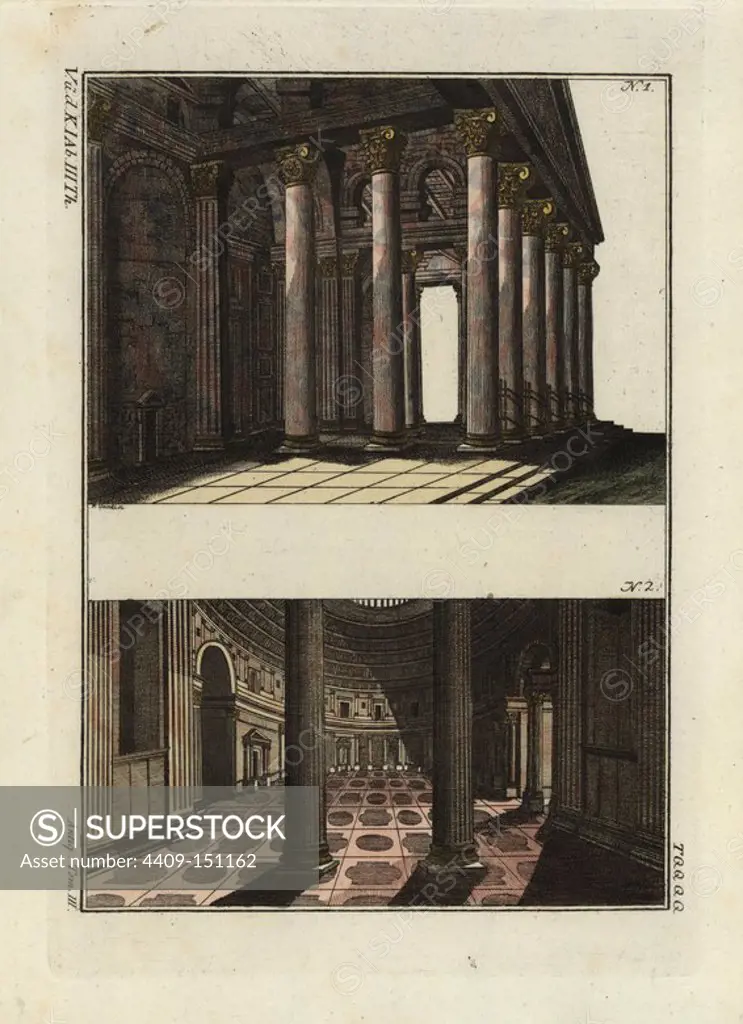 Interior of the Roman Pantheon. Handcoloured copperplate engraving from Robert von Spalart's "Historical Picture of the Costumes of the Principal People of Antiquity and of the Middle Ages," Chez Collignon, Metz, 1810.