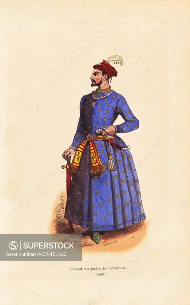 General in the Indian imperial guard (Delhi) in turban with plume, embroidered robes, jeweled belt, sash, dagger, and sword. Handcoloured woodcut by Mercier after an illustration by H. Hendrickx from Auguste Wahlen's "Moeurs, Usages et Costumes de tous les Peuples du Monde," Librairie Historique-Artistique, Brussels, 1845. Wahlen was the pseudonym of Jean-Francois-Nicolas Loumyer (1801-1875), a writer and archivist with the Heraldic Department of Belgium.