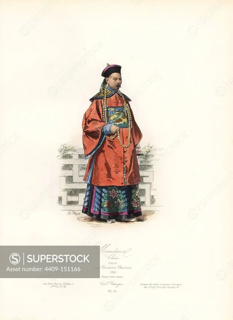 Chinese mandarin, 18th century, after a Chinese artist. Handcoloured steel engraving by Hippolyte Pauquet from the Pauquet Brothers' "Modes et Costumes Etrangers Anciens et Modernes" (Foreign Fashions and Costumes Ancient and Modern), Paris, 1865. Hippolyte (b. 1797) and Polydor Pauquet (b. 1799) ran a successful publishing house in Paris in the 19th century, specializing in illustrated books on costume, birds, butterflies, anatomy and natural history.
