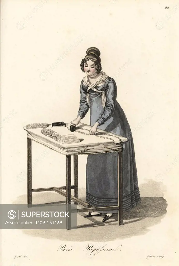 Female presser, Paris, early 19th century, ironing clothes on a table, wearing a blue dress with white scarf, and her hair in ringlets and a chignon. Handcoloured copperplate engraving by Gatine after an illustration by Louis-Marie Lante from "Ouvrieres de Paris" (Tradeswomen of Paris), Paris, 1823.