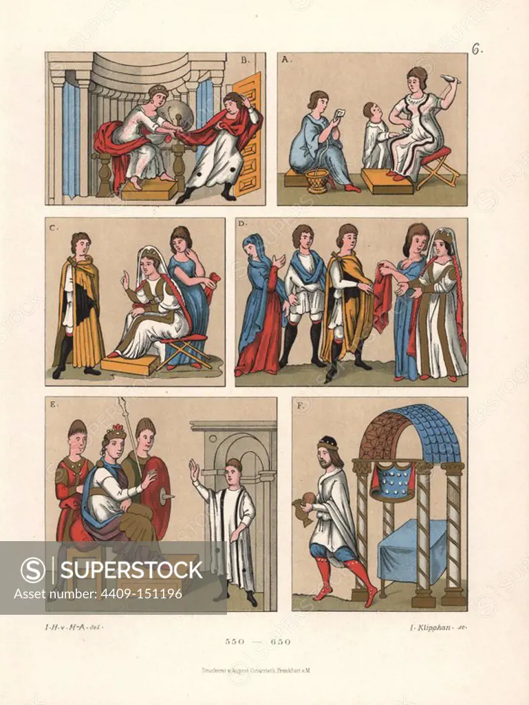 Six scenes with Joseph and Potiphar from the Old Testament taken from a fragment of a parchment codex in Vienna Library 550-650AD. Chromolithograph from Hefner-Alteneck's "Costumes, Artworks and Appliances from the Middle Ages to the 17th Century," Frankfurt, 1879. Illustration by Dr. Jakob Heinrich von Hefner-Alteneck, lithographed by Joh. Klipphahn, and published by Heinrich Keller. Dr. Hefner-Alteneck (1811 - 1903) was a German museum curator, archaeologist, art historian, illustrator and etcher.