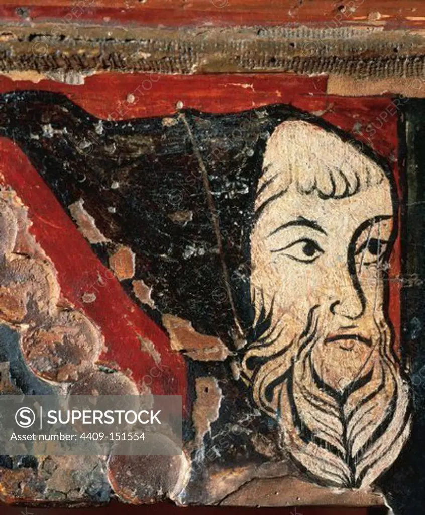 ARTE ROMANICO. ESPAÑA. SIGLO XIII. "SILLA ABACIAL DE SIGENA" (Silla Abacial de Blanca de Aragón). Pintor aragonés de la Corte del rey Jaime II. "RETRATO CARICATURESCO DE UN RELIGIOSO". Temple sobre madera de pino. Aragón, hacia el 1322. Procede del Monasterio de Santa María de Sigena (provincia de Huesca). Aragón. Museo Diocesano de Lleida. Cataluña.