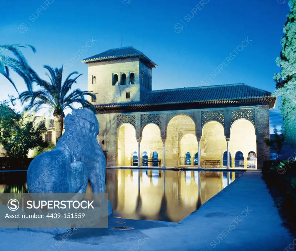 Spain. Granada. The Alhambra. Tower of the Ladies. 14th century. Night view.