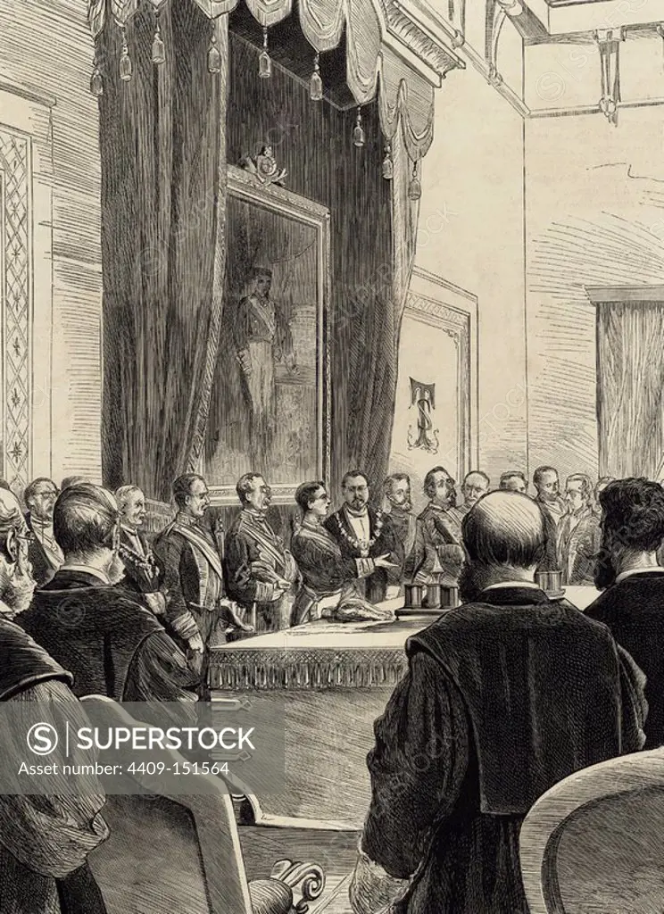 Alphonse XII (1857-1885). King of Spain. King giving a speech at the opening session of the courts of the kingdom. Engraving in The Spanish and American Illustration, 1877.