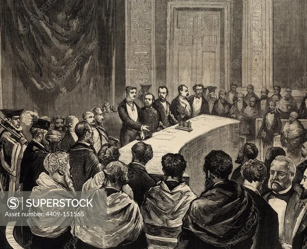 Alphonse XII (1857-1885). King of Spain. The King inaugurating the agricultural conferences. Engraving in The Spanish and American Illustration, 1876.