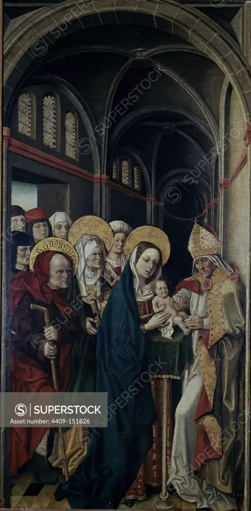 'The Circumcision', ca. 1500, Spanish School, Panel, 213 cm x 102 cm, P01258. Author: MAESTRO DE LA SISLA. Location: MUSEO DEL PRADO-PINTURA. MADRID. SPAIN. CHILD JESUS. VIRGIN MARY. SAN JOSE ESPOSO DE LA VIRGEN MARIA. SIMEON SACERDOTE.