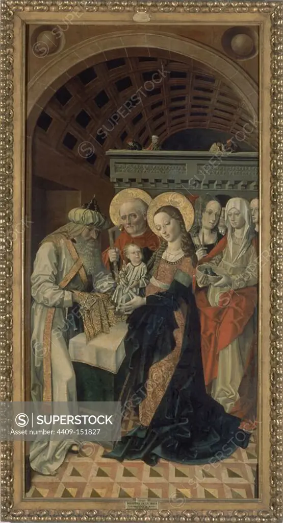 'The Presentation of Jesus at the Temple', ca. 1500, Spanish School, Panel, 203 cm x 100 cm, P01257. Author: MAESTRO DE LA SISLA. Location: MUSEO DEL PRADO-PINTURA. MADRID. SPAIN. CHILD JESUS. VIRGIN MARY. SAN JOSE ESPOSO DE LA VIRGEN MARIA. SIMEON SACERDOTE.