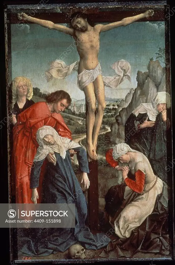 'Crucifixion', ca. 1510, Flemish School, Oil on panel, 47 cm x 31 cm, P01886. Author: Roger van der Weyden (Disciple of). Location: MUSEO DEL PRADO-PINTURA. MADRID. SPAIN. MARY MAGDALENE. VIRGIN MARY. CRISTO CRUCIFICADO. SAN JUAN EVANGELISTA Y APOSTOL.
