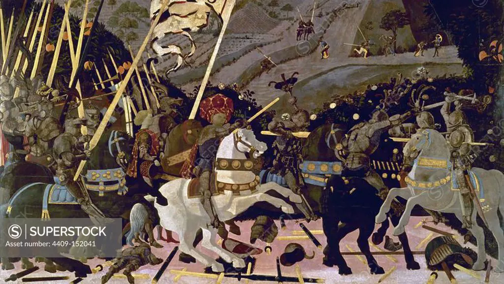 'Niccolò Mauruzi da Tolentino at the Battle of San Romano', ca. 1438-1440 - Egg tempera with walnut oil and linseed oil on poplar, 182 x 320 cm. Author: PAOLO UCCELLO. Location: NATIONAL GALLERY. LONDON. ENGLAND.