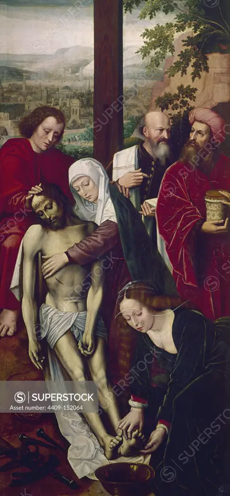 'Pieta', hacia 1528, Oil on panel, 124 x 60 cm, P01927. Author: AMBROSIUS BENSON (1484-1550). Location: MUSEO DEL PRADO-PINTURA. MADRID. SPAIN. MARY MAGDALENE. JOSEPH OF ARIMATHEA. VIRGIN MARY. NICODEMO. SAN JUAN EVANGELISTA Y APOSTOL. JESUS MUERTO-CRISTO MUERTO-JESUCRISTO MUERTO.