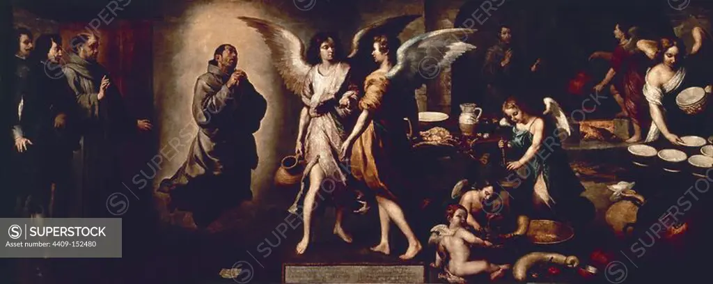 The Angels' Kitchen - 1646 - 180x450 cm - oil on canvas. Author: BARTOLOME ESTEBAN MURILLO. Location: LOUVRE MUSEUM-PAINTINGS. France.