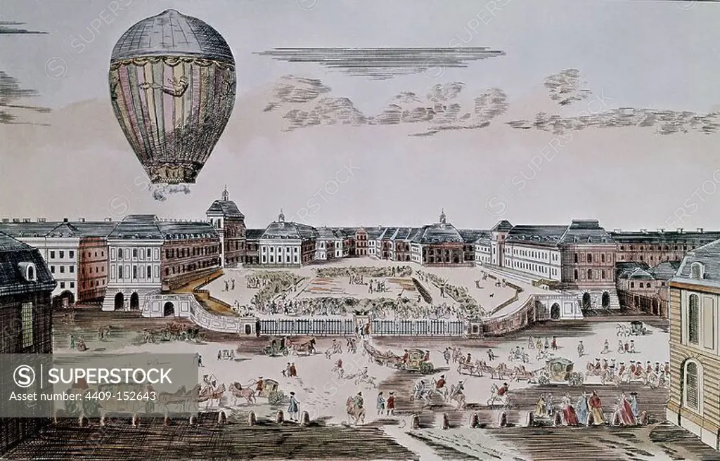 ENGRAVING-AERONAUTICAL BALLOON MONTGOLFIER. Author: MONTGOLFIER JOSE Y ETIENNE. Location: PRIVATE COLLECTION. MADRID. SPAIN.