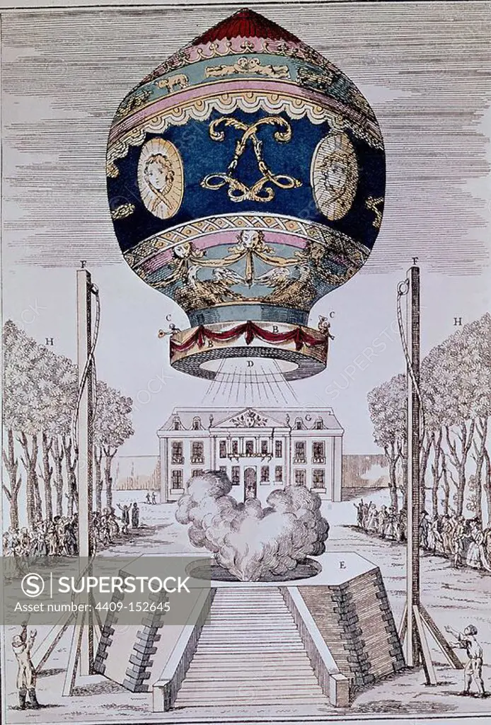 ENGRAVING-ASCENSION OF THE MONTGOLFIERE BALOOON. Author: MONTGOLFIER JOSE Y ETIENNE. Location: PRIVATE COLLECTION. MADRID. SPAIN.