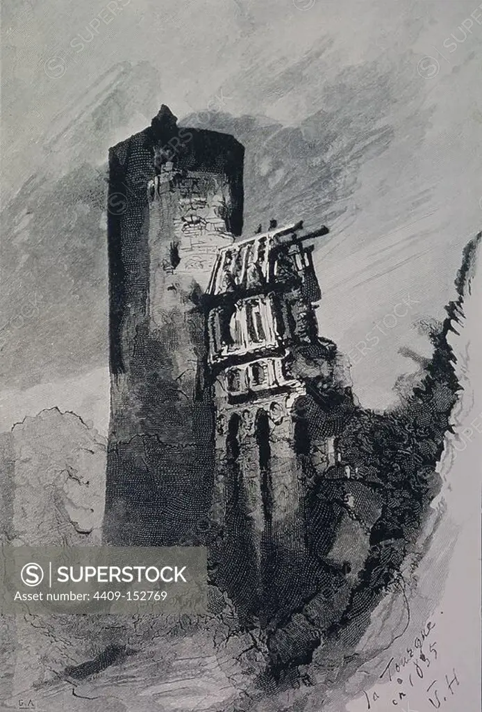DIBUJO - TORRE EN RUINAS. Author: Victor Hugo (1802-1885). Location: PRIVATE COLLECTION. France.