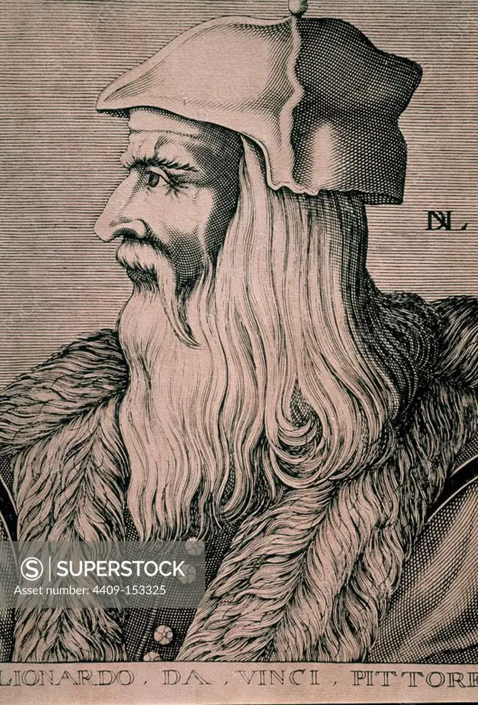 Leonardo da Vinci (1452-1519), painter, anatomist, architect, botanist, scientist, writer, sculptor, philosopher, engineer, musician, poet and Italian inventor. Location: BIBLIOTECA NACIONAL-COLECCION. MADRID. SPAIN.