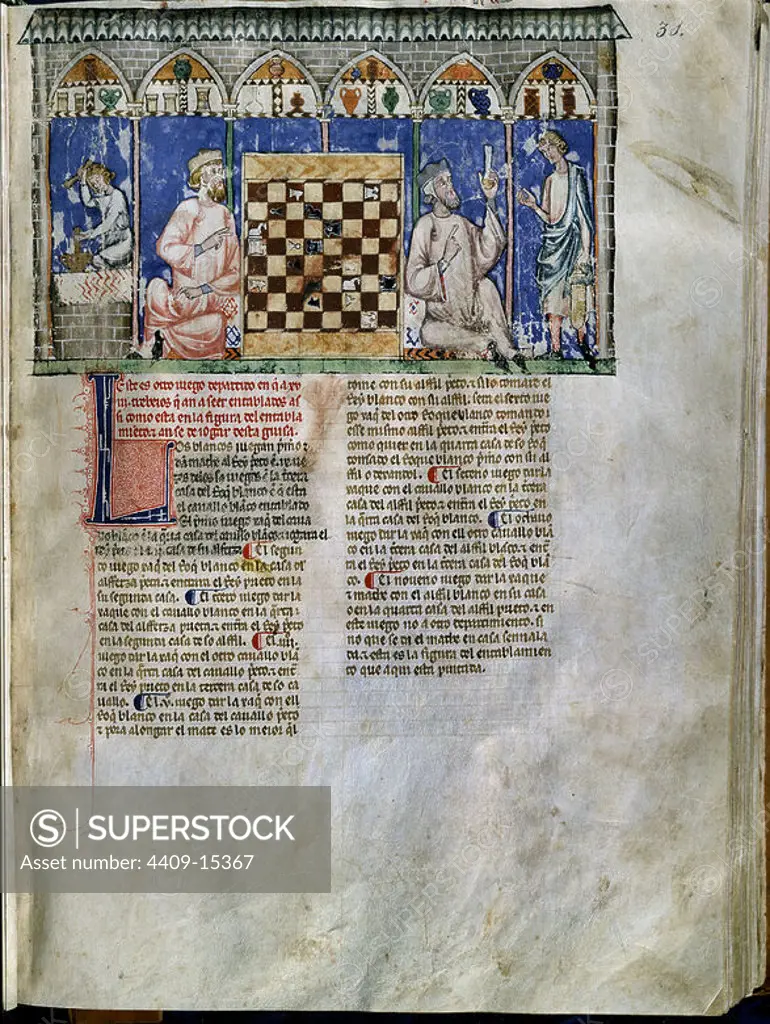 GAMES BOOK OR CHESS BOOK, DICE GIVEN AND TABLES - 1283 - SHEET 31R - CHESS DEPARTURE IN A PHARMACY - GOTHIC MANUSCRIPT. Author: Alfonso X of Castile. Location: MONASTERIO-BIBLIOTECA-COLECCION. SAN LORENZO DEL ESCORIAL. MADRID. SPAIN.