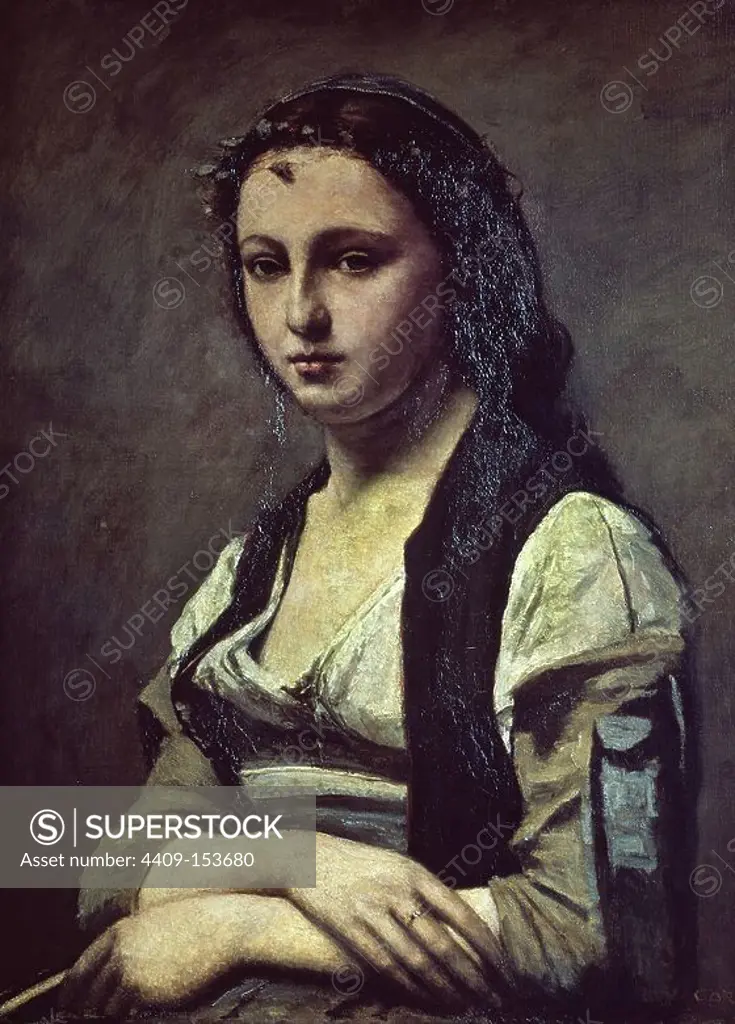 The Woman with the Pearl - 19th century - 70x55 cm - oil on canvas - French realism. Author: JEAN BAPTISTE CAMILE COROT. Location: LOUVRE MUSEUM-PAINTINGS. France.