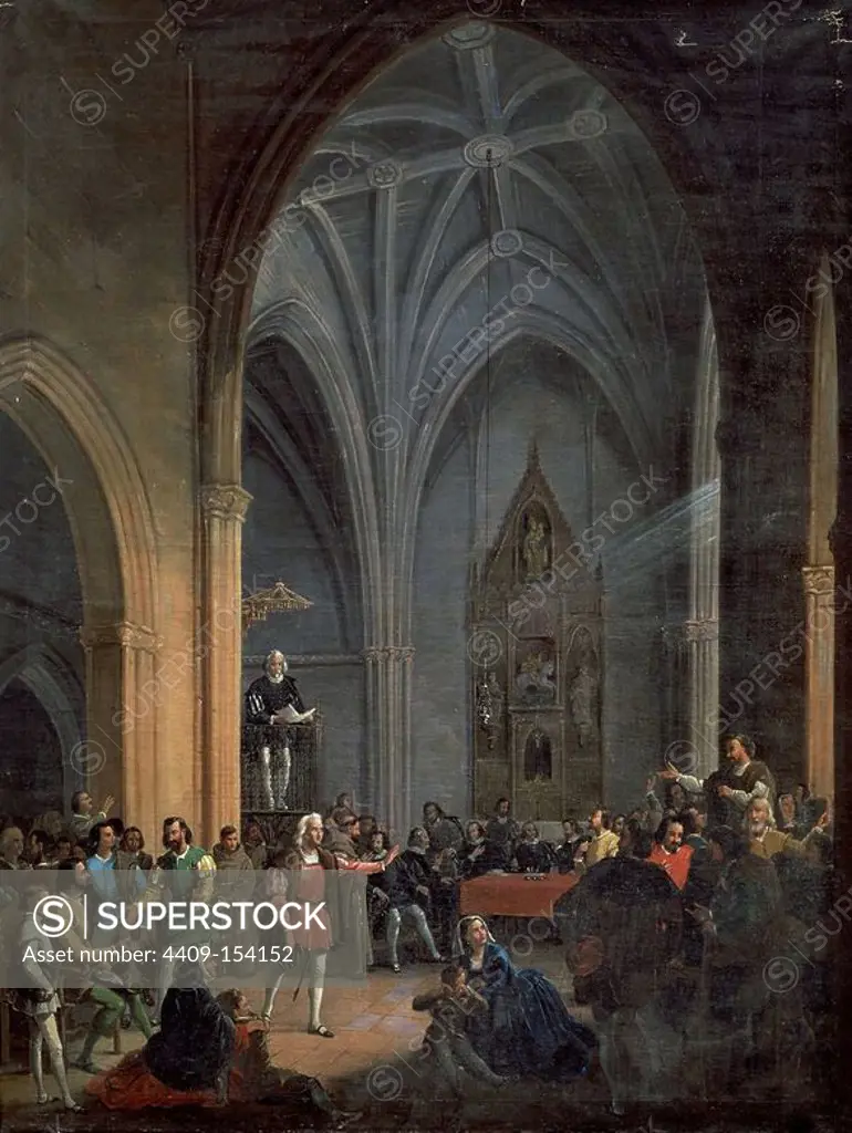 The letter of the Catholic Kings ordering the inhabitants of Palos to supply two ships for Christopher Columbus is read from the pulpit of the Church of S. Jorge on May 23, 1492 - 19th century - oil on canvas. Author: Antonio Cabral Bejarano. Location: MONASTERIO DE LA RABIDA. PALOS DE LA FRONTERA. Huelva. SPAIN. FRAY JUAN PEREZ. CRISTOBAL COLON (1451/1506).