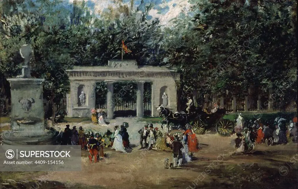 The Gate of the Botanical Gardens in Madrid from the Prado Museum - 1870 - oil on canvas - 25x42 cm - I.N.3205. Author: FRANCISCO DOMINGO MARQUES (1842-1920). Location: MUSEO DE HISTORIA-PINTURAS. MADRID. SPAIN.