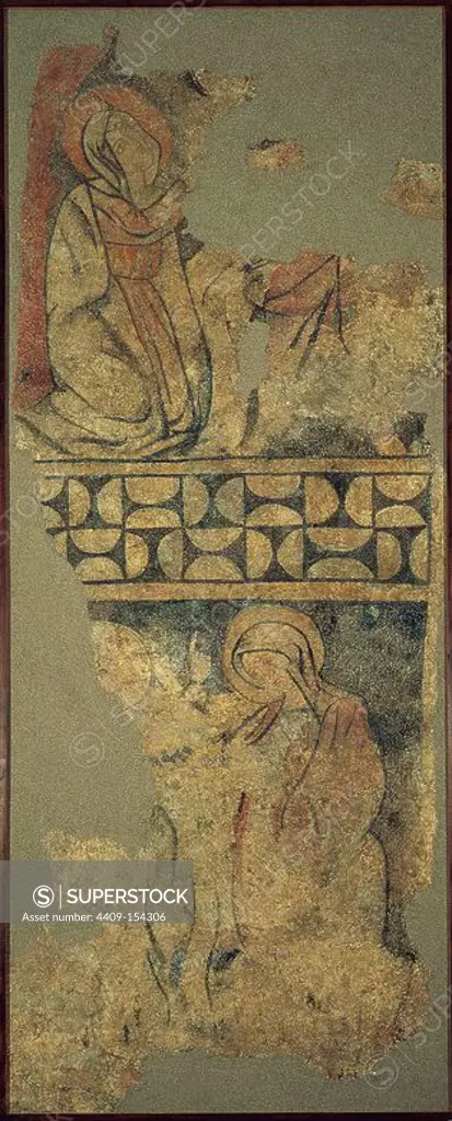 Annunciation. Fresco depicting the Virgin Mary kneeling before the messenger angel. 12th century. South side of the apse. From the Church of Saint Peter Ad Vincula, Lavelilla. Barbastro-Monzon Diocesan Museum. Spain.