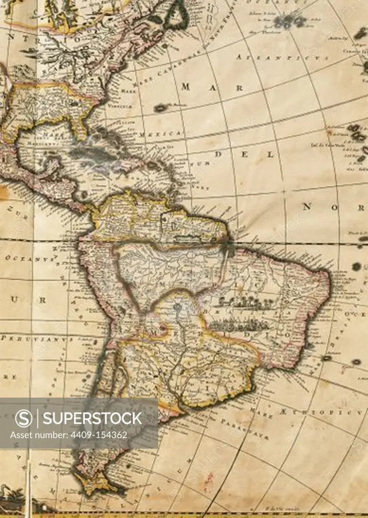 MAPA DE AMERICA DEL SUR, ANTILLAS, CENTROAMERICA Y COSTA DEL ESTE DE AMERICA DEL NORTE. ATLAS realizado por el cartógrafo holandés Fredereich de Wit (1610-1698). Amsterdam, siglo XVII.