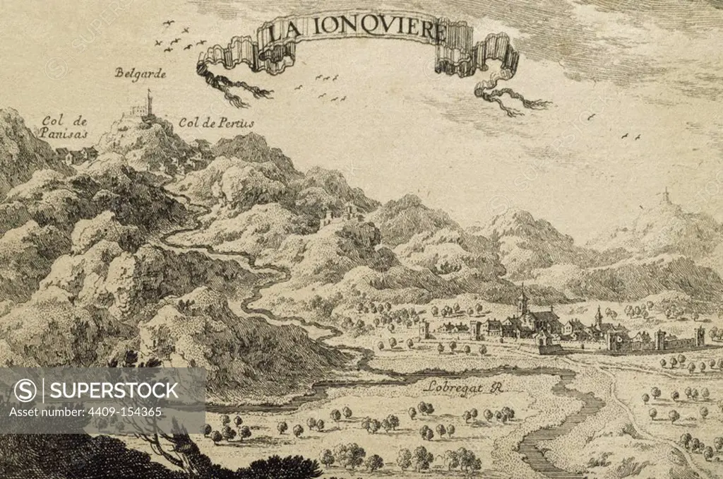 The Jonquera, Catalonia. Panorama with the Llobregat river. In the background, the Pyrenees with Panisars crossing, the Pertus and Belgarde Castle. French engraving, made __during the negotiations of the Spanish-French Pyrenees Treaty, 1659.