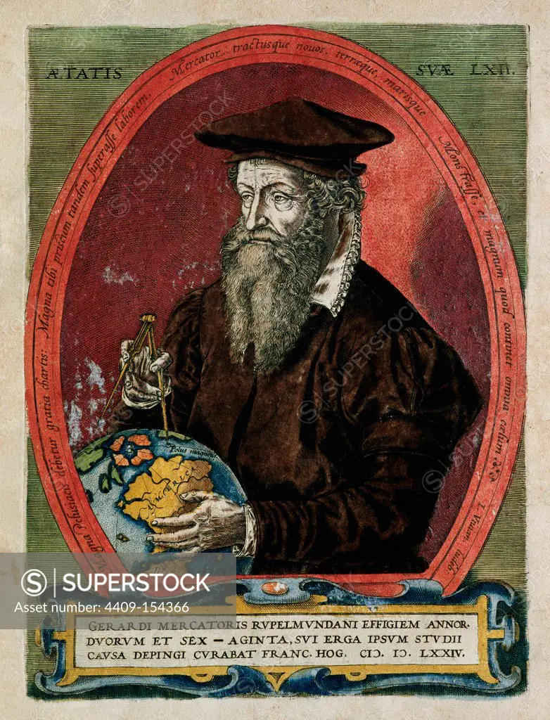 STOCK PHOTO: MERCATOR, GERHARDUS (RUPELMONDE, 1512-DUISBURGO, 1594). GEÓGRAFO FLAMENCO DE VERDADERO NOMBRE GERHARD KREMER, QUE INVENTÓ UN SISTEMA DE REPRESENTACIÓN CARTOGRÁFICA. GRABADO COLOREADO DE 1595.