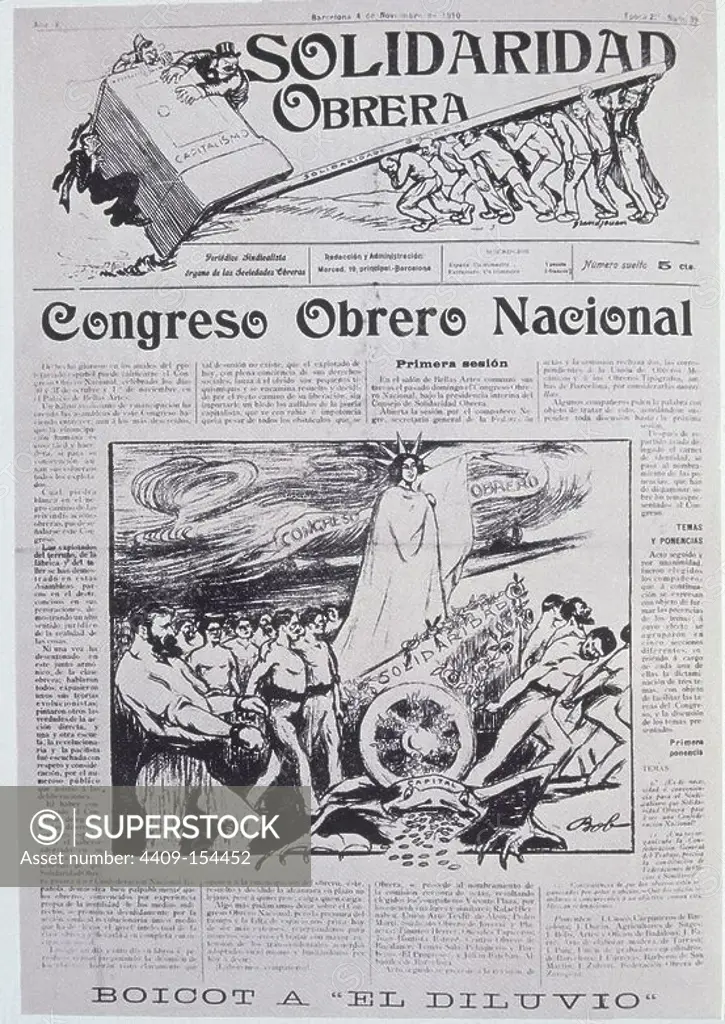 HISTORIA DE CATALUÑA - PORTADA DEL PERIODICO SOLIDARIDAD OBRERA - 4-11-1910. Location: BIBLIOTECA NACIONAL-COLECCION. MADRID.