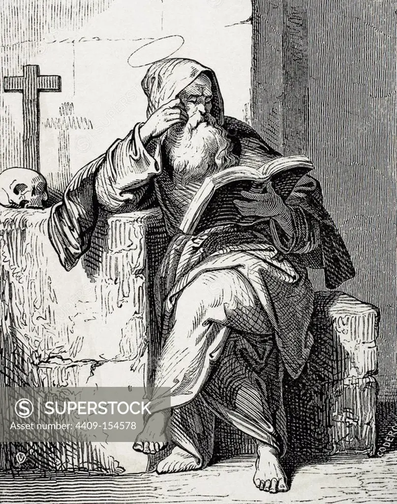 Saint Isaac of Cordoba (d. 851). Monk and martyr in the hispanic province of Andalusia, in times of Muslim rule. Engraving by Coderch in Christian Year, 1852.