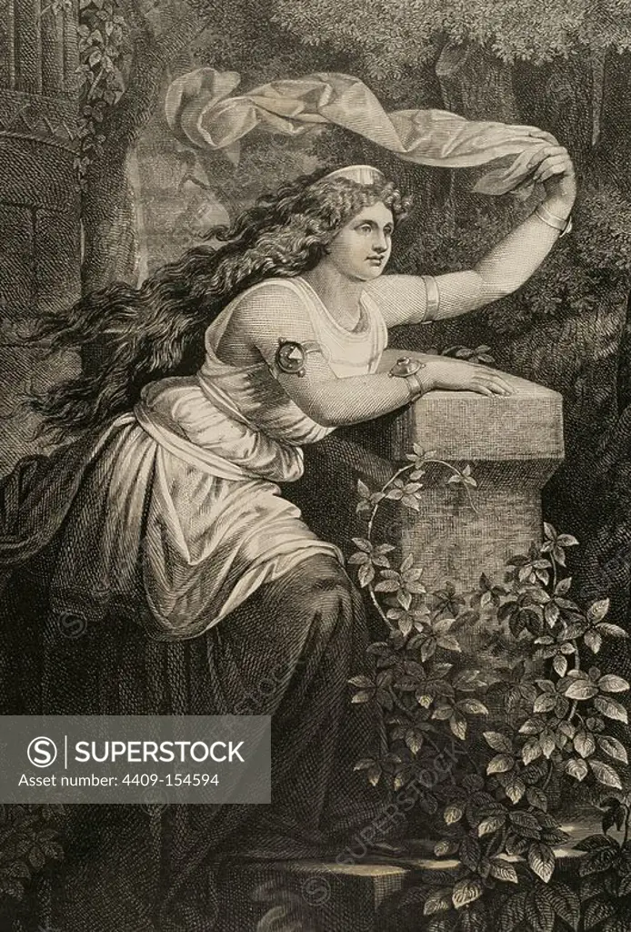 Iseult of Ireland. Irish princess. Engraving after a painting of Teodoro Biris by A. Schurufter. The Illustration, 1884.