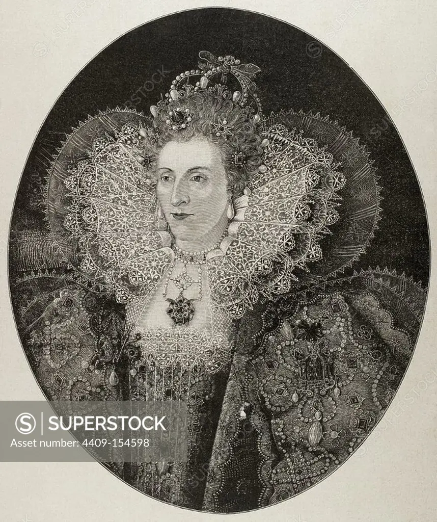 Elizabeth I (1533-1603). Queen of England and Ireland. Engraving by F. Babbage. The Iberian Illustration, 1888.