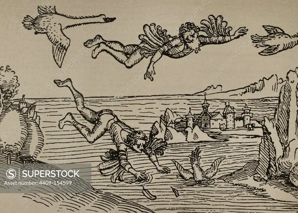 Icarus and his father Daedalus flying. Engraving by Albrecht Durer, 1493.