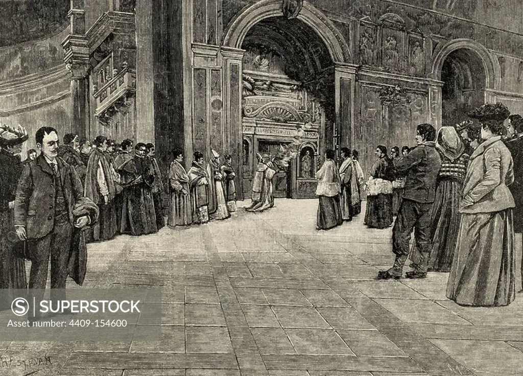 Italy. Rome. Opening of sepulchral monument of Pope Innocent III in the Basilica of St. John Lateran. Engraving by Capuz. The Spanish and American Illustration, 1892.