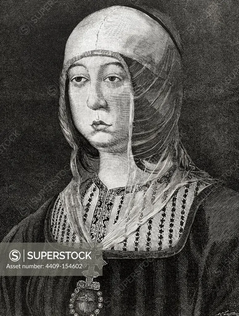 Isabella I of Castile (1451-1504). Queen of Castile. Engraving by Arturo Carretero in The Spanish and American Illustration, 1886.