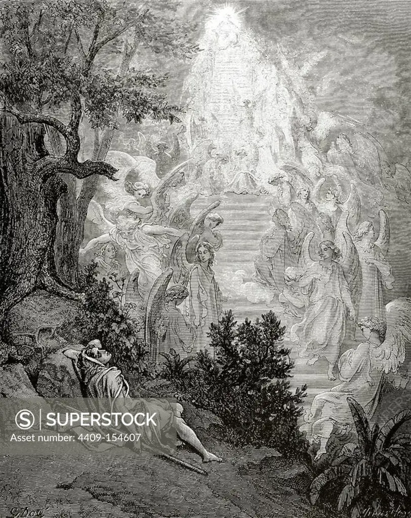 Old Testament. Jacob. Patriarch and prophet. Jacob's Dream. Genesis. Chapter XXVIII. Engraving by Gustave Dore. 19th century.