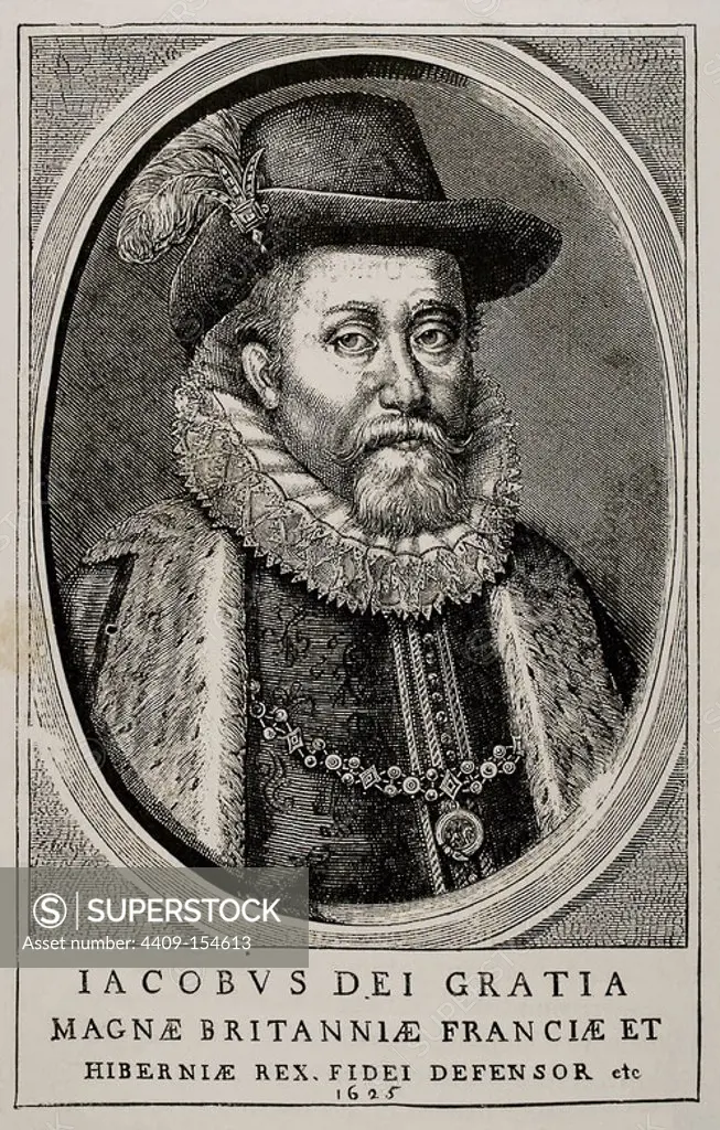 James VI of Scotland and I of England and Ireland (1566-1625). Copy of an engraving of the time.
