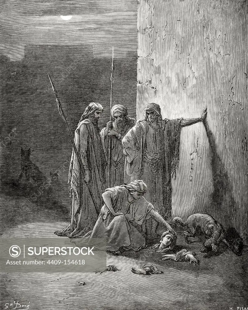Jehu. King of Israel. The companions of Jehu finds the corpse of Jezebel, with separate members after have been devoured by animals after his murder to be precipitated by the window. Book of Kings, IV. Chapter IX. Gustave Dore drawing. Maurand engraving.