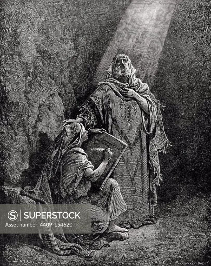 Jeremiah (650-585 BC). Hebrew Prophet. Jeremiah dictating his prophecies to Baruch. Engraving by Pannemaker. The Bible in pictures by Gustave Dore.