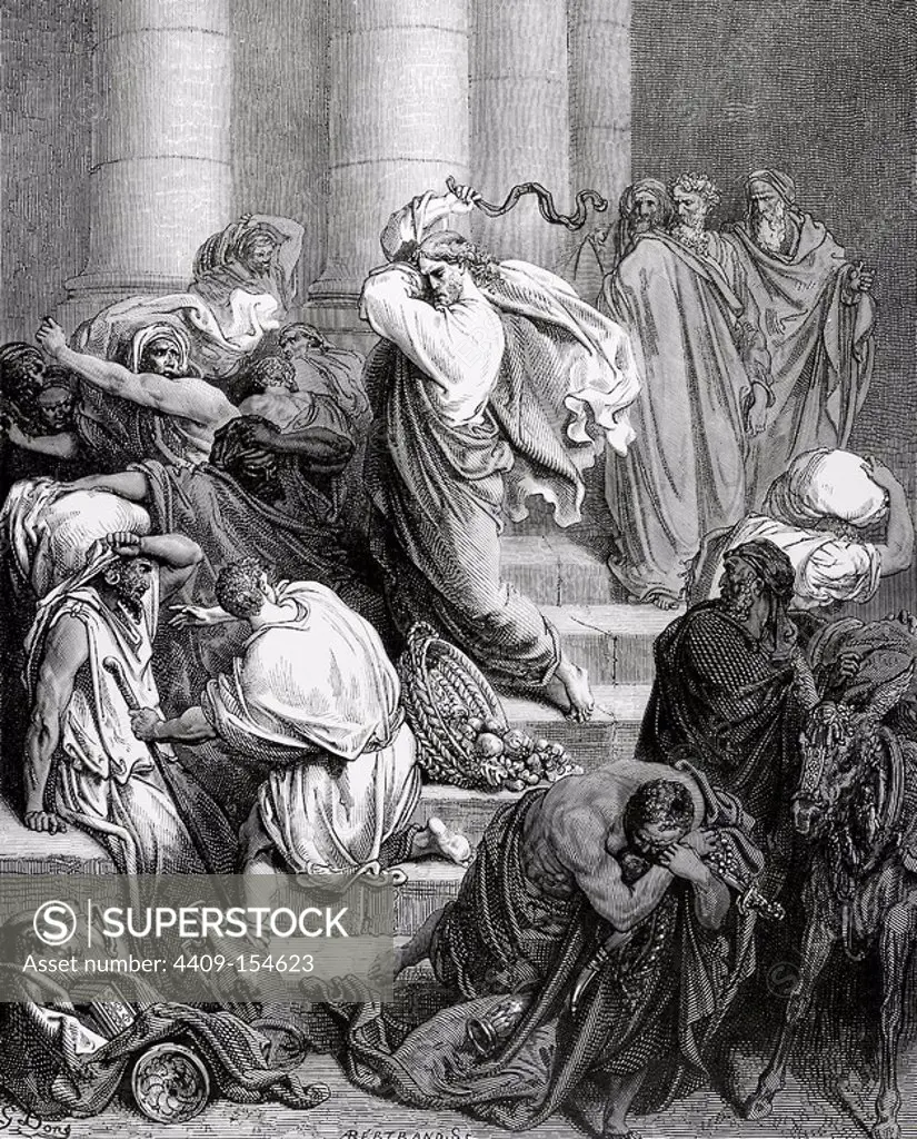 New Testament. Gospel of Mark. Chapter XI. Jesus drives the merchants from the Temple. Gustave Dore's drawing. Engraving by A. Bertrand.