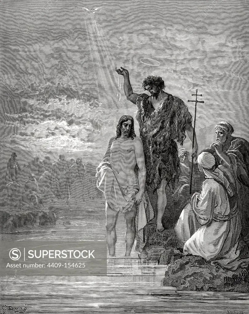 New Testament. Gospel of Matthew. Chapter III. Baptism of Jesus. Gustave Dore's drawing. Engraving by Ligny.