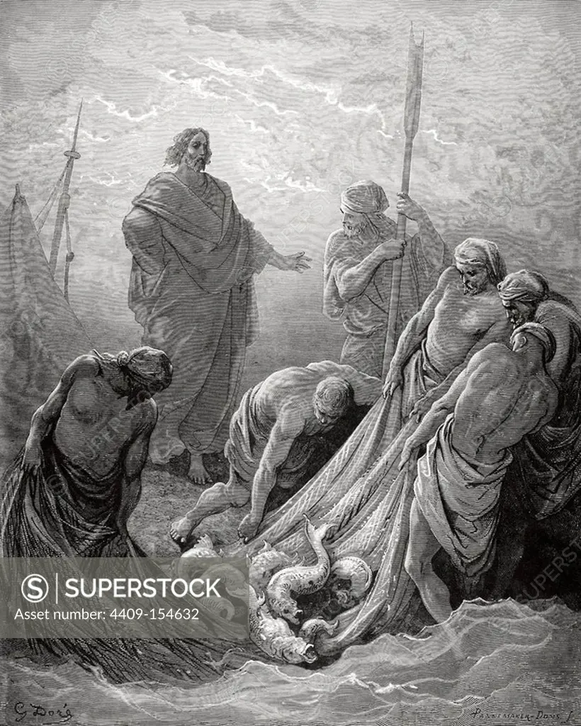 New Testament. Gospel of Luke. Chapter V. Jesus. Miraculous Fishing. Gustave Dore's drawing. Engraving by Pannemaker.