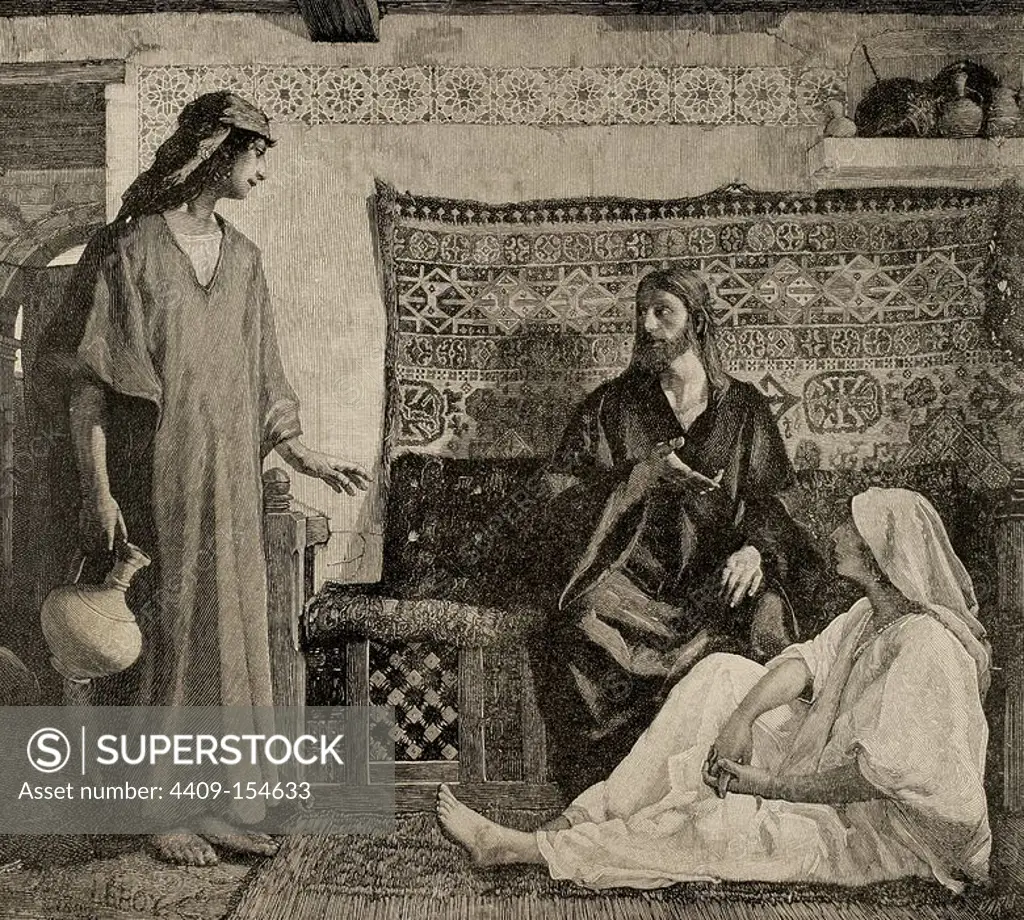 New Testament. Jesus in the House of Martha and Mary. Engraving by Paris. The Iberian Illustration, 1885.