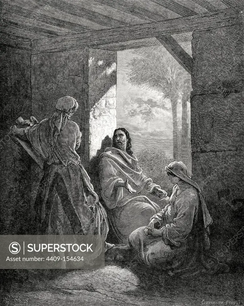 New Testament. Gospel of Luke, Chapter X. Jesus in the House of Martha and Mary. Gustave Dore's drawing. Engraving by Pannemaker.