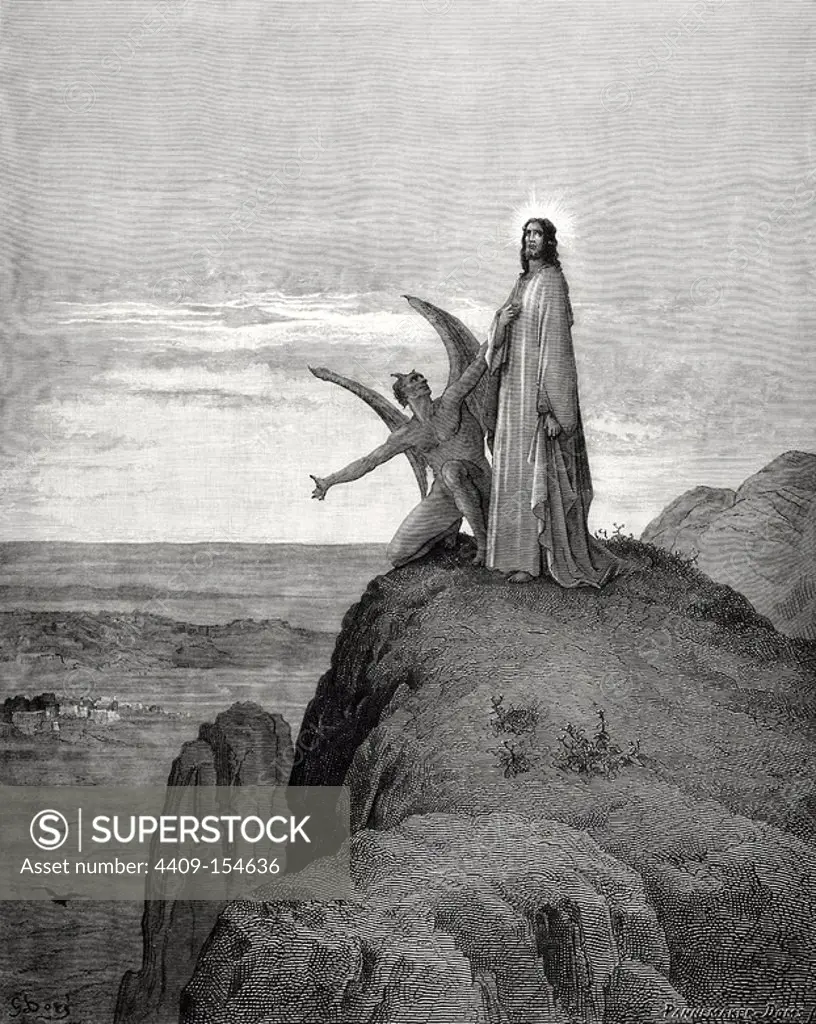 New Testament. Gospel of Matthew. Chapter IV. Jesus tempted by the Devil. Gustave Dore's drawing. Engraving by Pannemaker. 19th century.