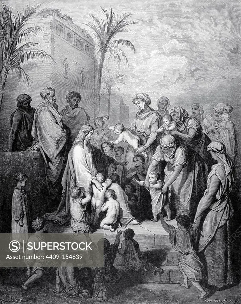 New Testament. Gospel of Mark. Chapter X. Jesus blessing the children. Gustave Dore's drawing. Engraving by Pannemaker. 19th century.