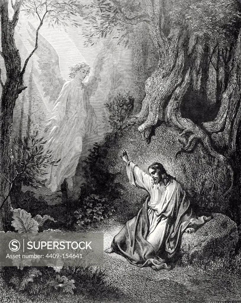 New Testament. Gospel of Luke. Chapter XXII. Jesus on the Mount of Olives. Gustave Dore's drawing. Engraving by Pannemaker. 19th century.