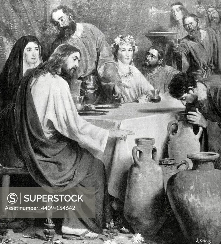 New Testament. Marriage of Cana. Engraving after a painting by Antonio Estruch. The Artistic Illustration, 1897.